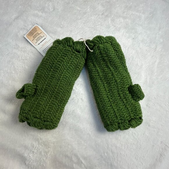 Kathmandu Inc Hand Warmer Wool Fingerless Gloves Floral Crochet Detail Green New - Picture 2 of 4